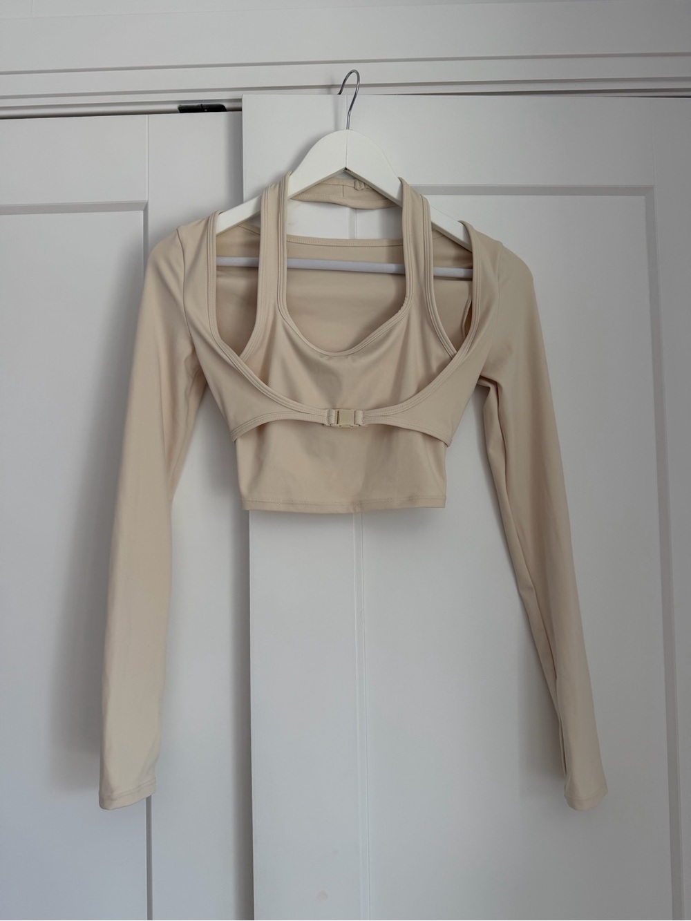 Beige Long Sleeve Crop Top with Built-In Bralette